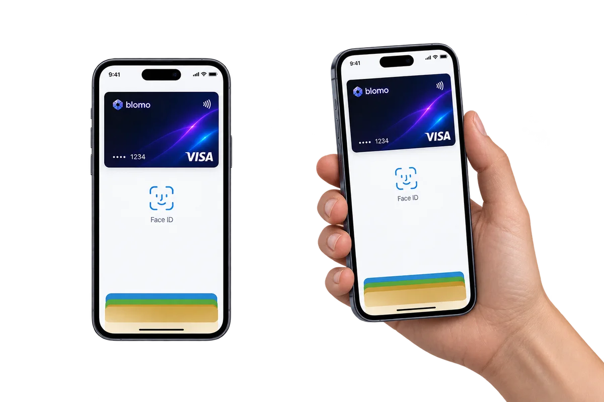 Una tarjeta Blomo añadida a Apple Wallet, con Face ID listo para confirmar un pago